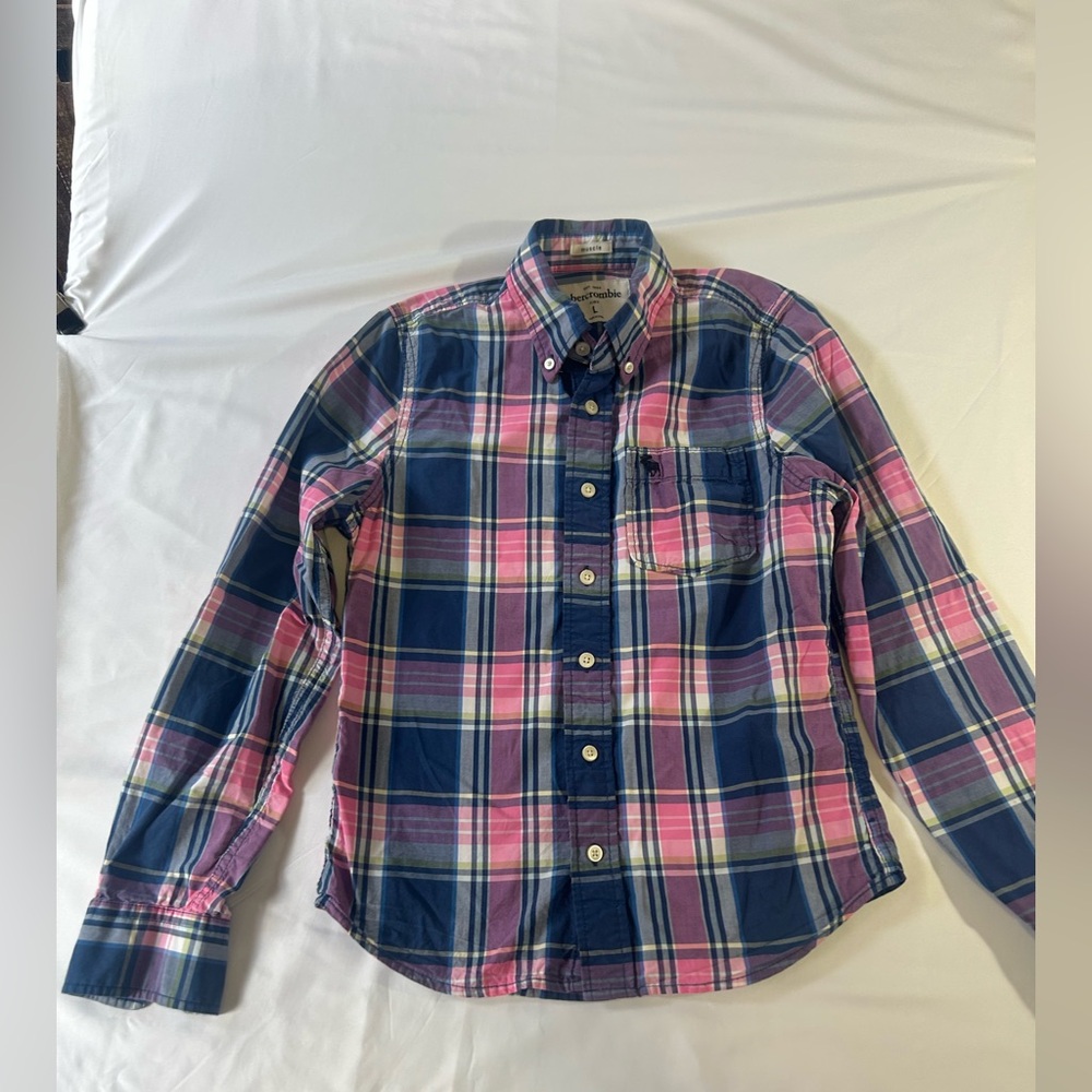 Abercrombie & Fitch Boys Navy and Pink Plaid Button-Down Shirt